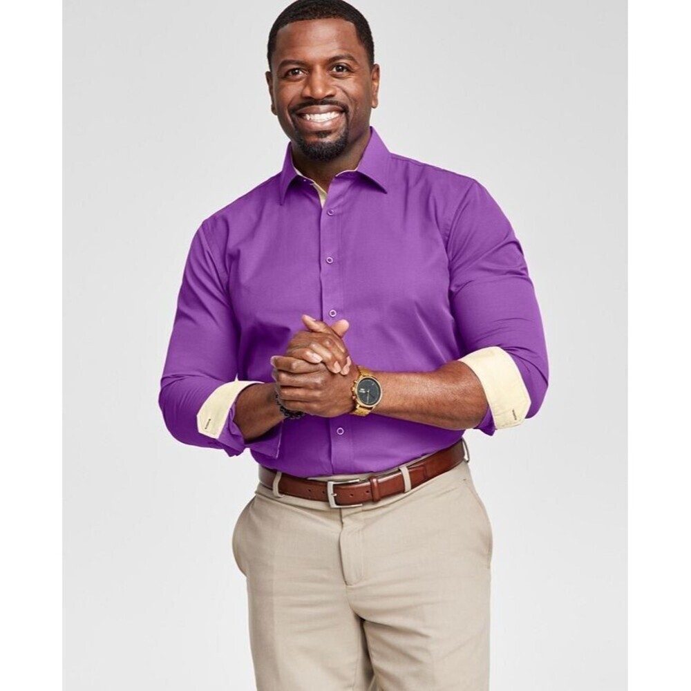 Tayion Collection Men's Slim-Fit Gold Trim Solid Dress Shirt M 15-15.5/32-33
